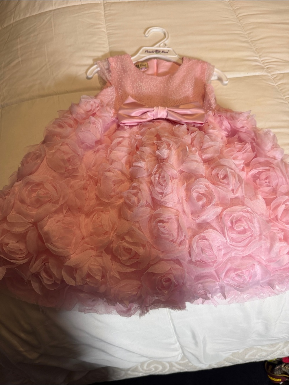 Pink Rosette Tulle Girls Formal Dress with Satin Bow